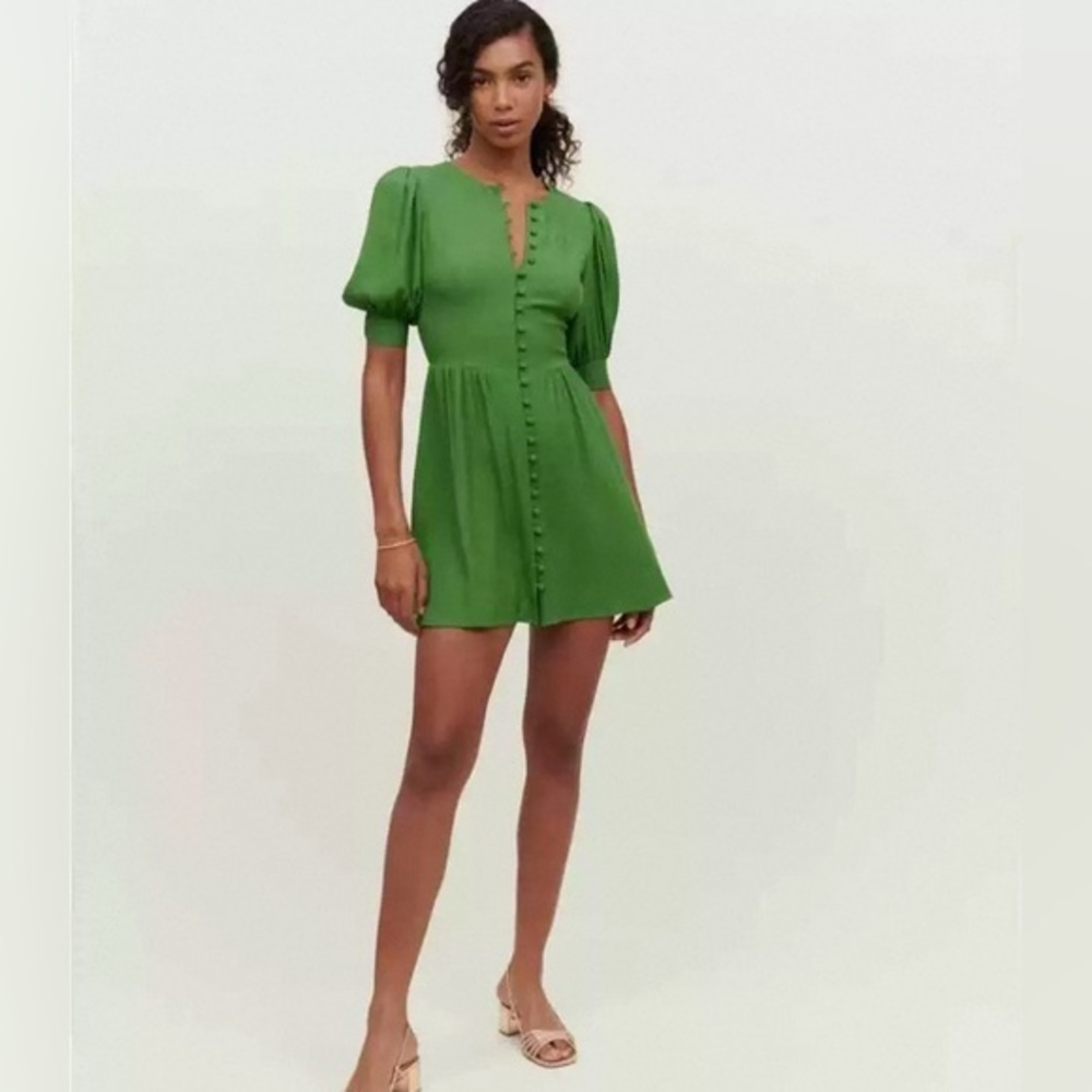 New Reformation Laylin Puff Sleeve Mini Dress Green